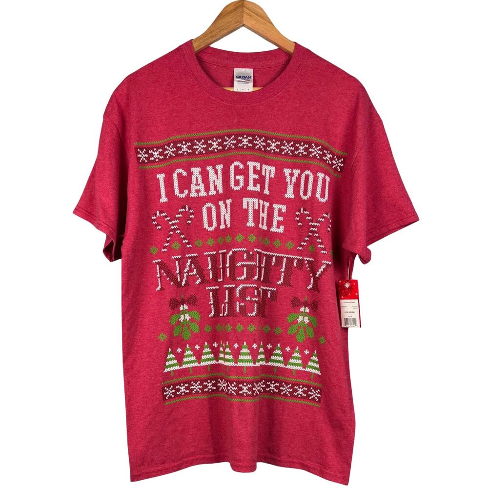 Men's Christmas T-Shirt "I Can Get You On The Naughty List" Sz Large Red Holiday